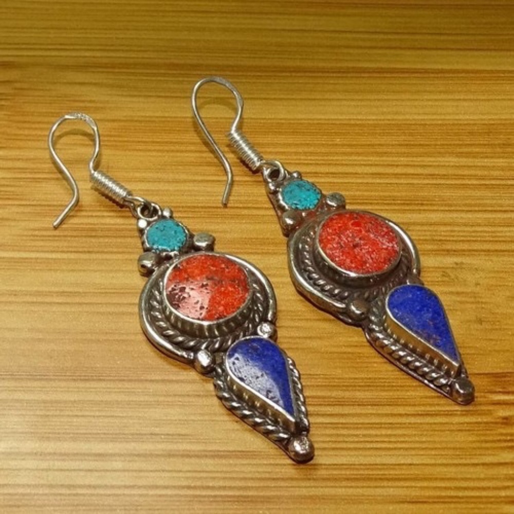 925 Tibetan Silver Turquoise, Coral & Lapis Lazuli Earrings